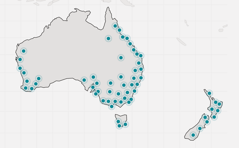 geographic location map of Australia and New Zealand marked with teal distribution pins