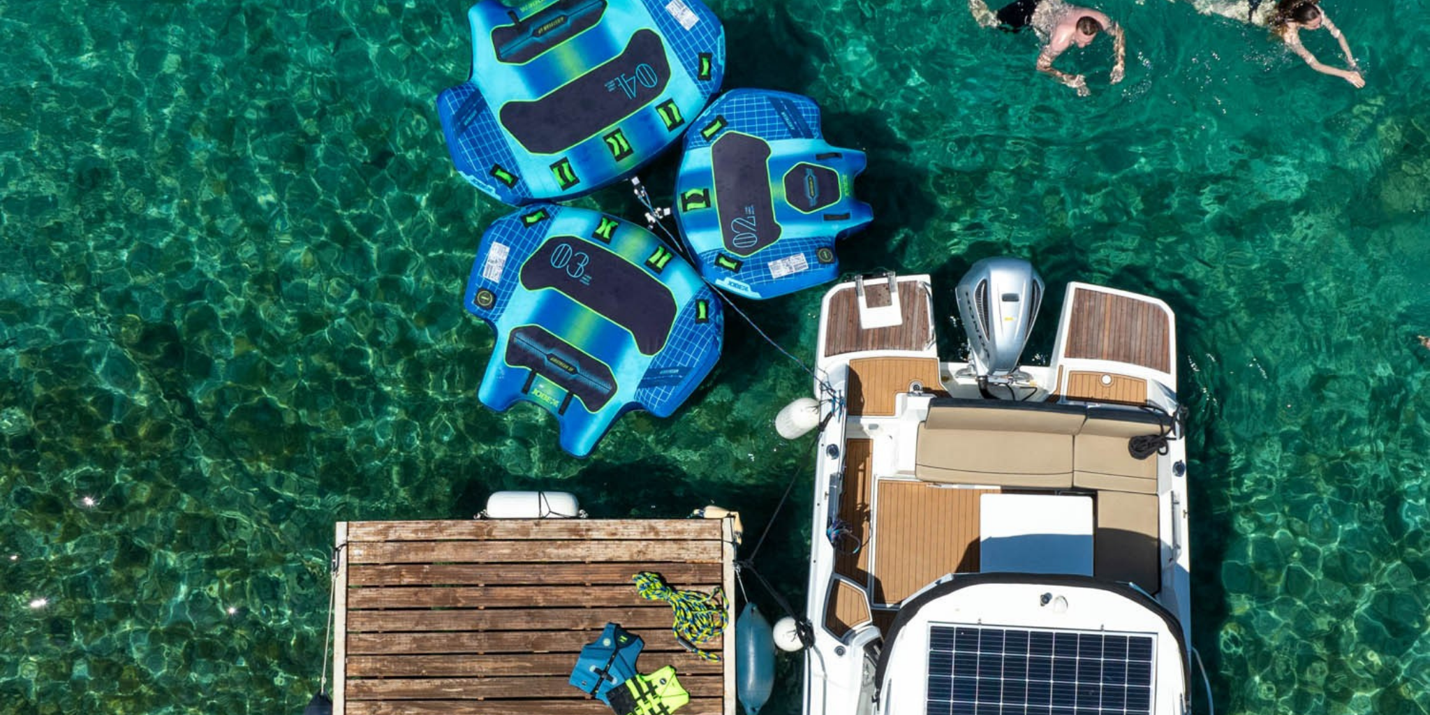 three blue Jobe Airstream towable water tubes